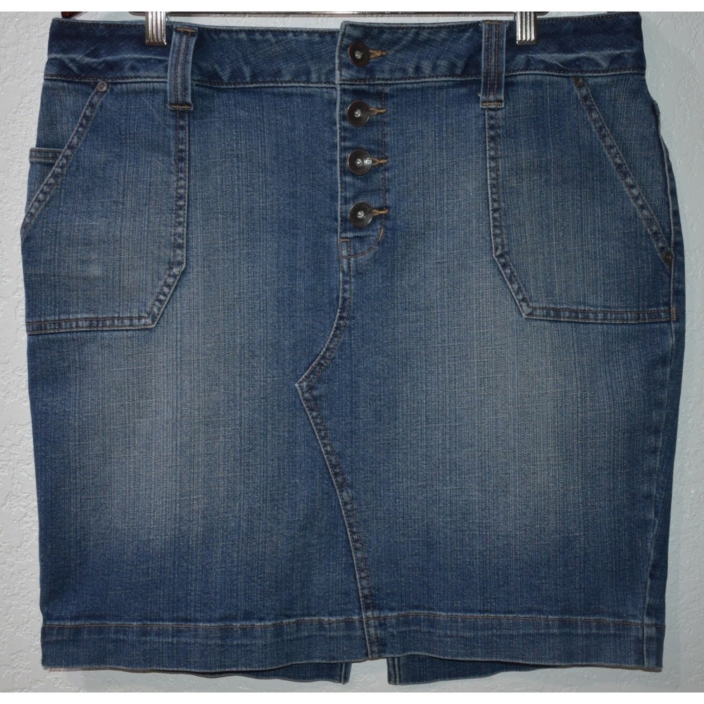 Lane Bryant 16 Pencil Skirt Blue Denim Jean Button Fly Pockets Cotton‎ Stretch